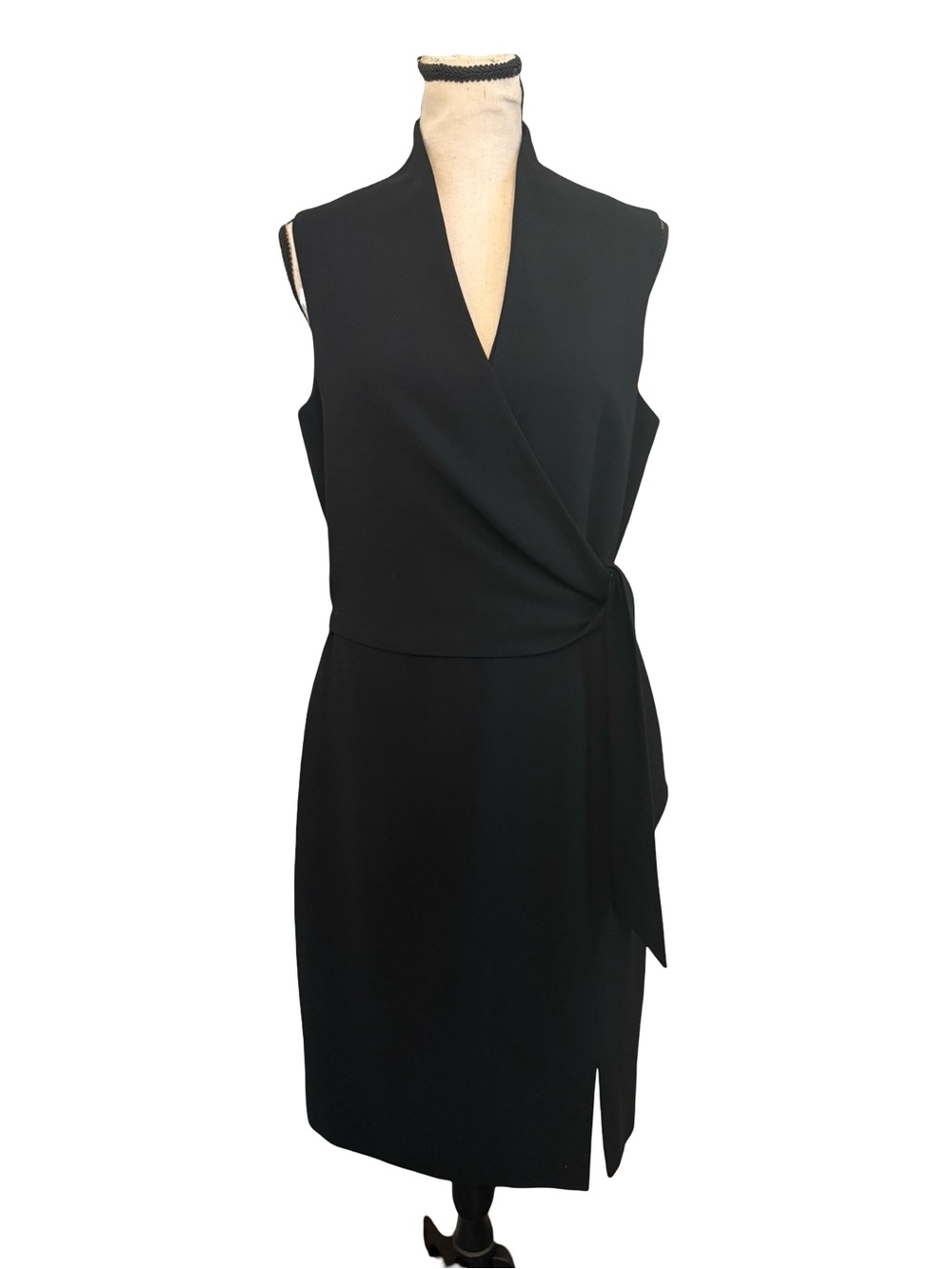 Jones New York Black Sleeveless Faux Wrap Dress Size 8 Draped Waist Cocktail